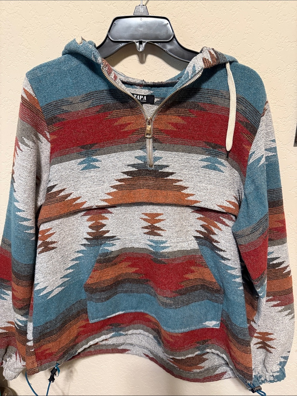 Aztec Pattern Half-Zip Hoodie - Teal, Rust & Cream